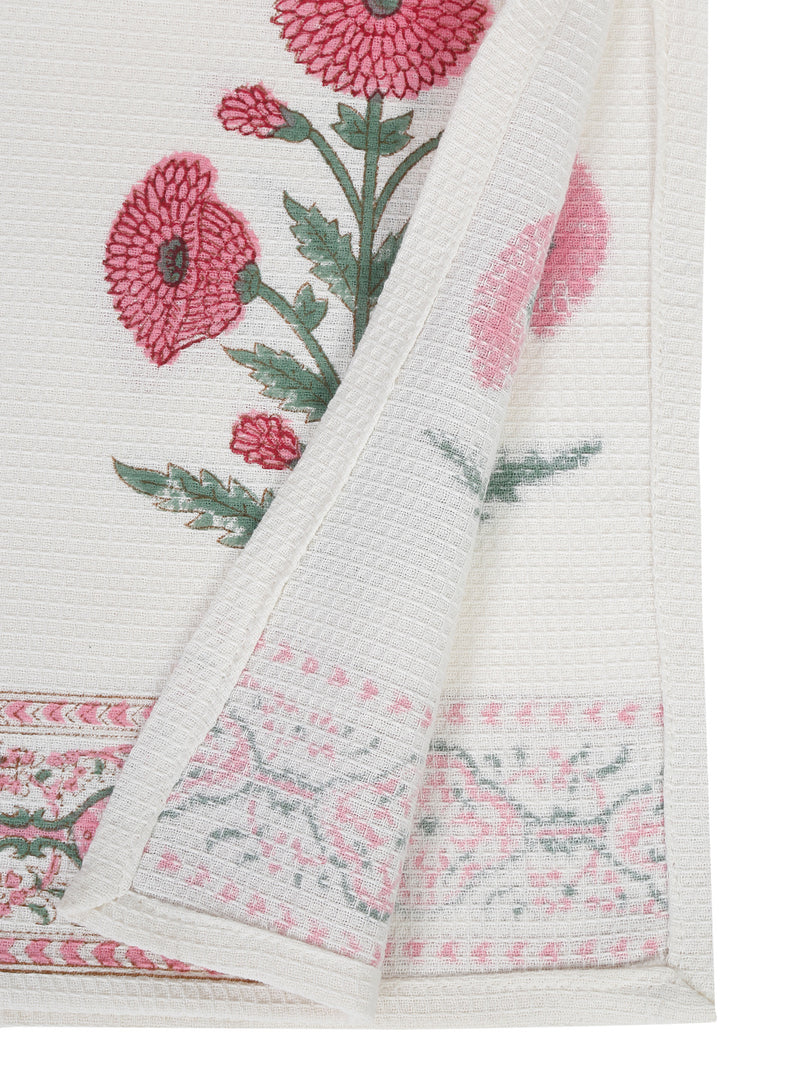 Cream and Pink 180 GSM Hand Block Floral Print Cotton Towel Set of 3