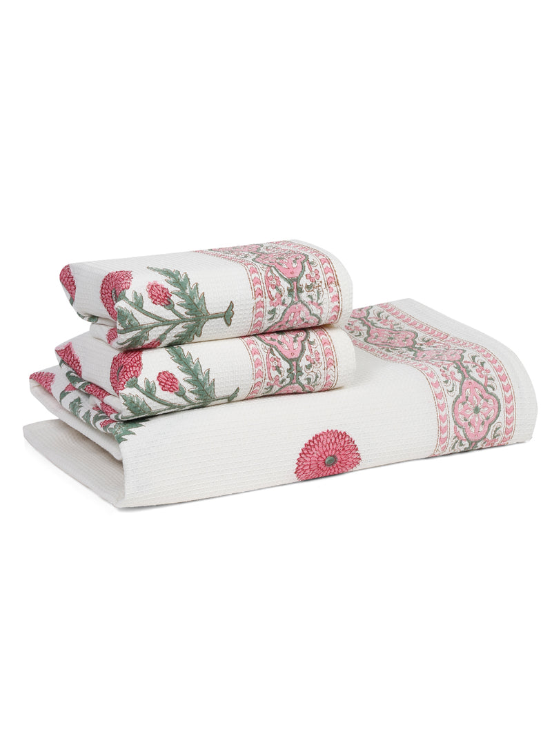 Cream and Pink 180 GSM Hand Block Floral Print Cotton Towel Set of 3