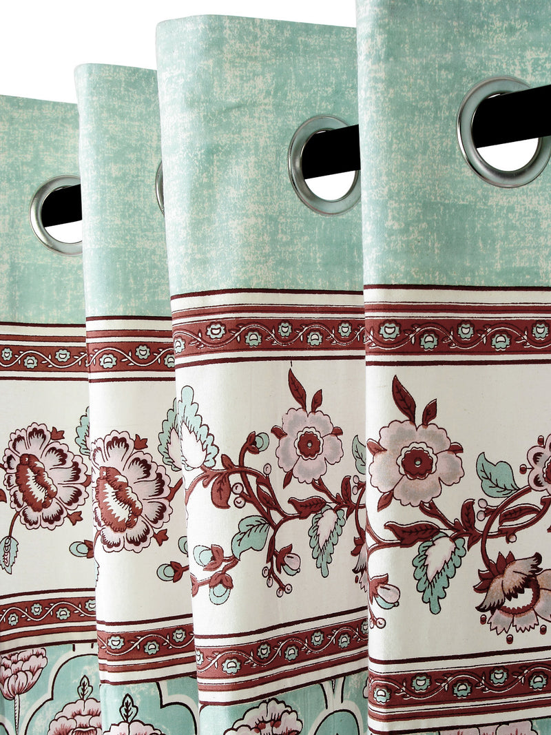 Rajsthan Décor Screen Print Cotton Green Floral Window Curtain Set of 2 (54x62 Inch)