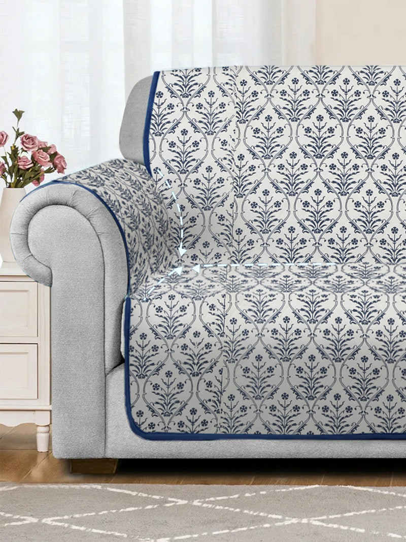Rajasthan Decor  White and Blue Quilted Printed Cotton 2 Seater Sofa Cover