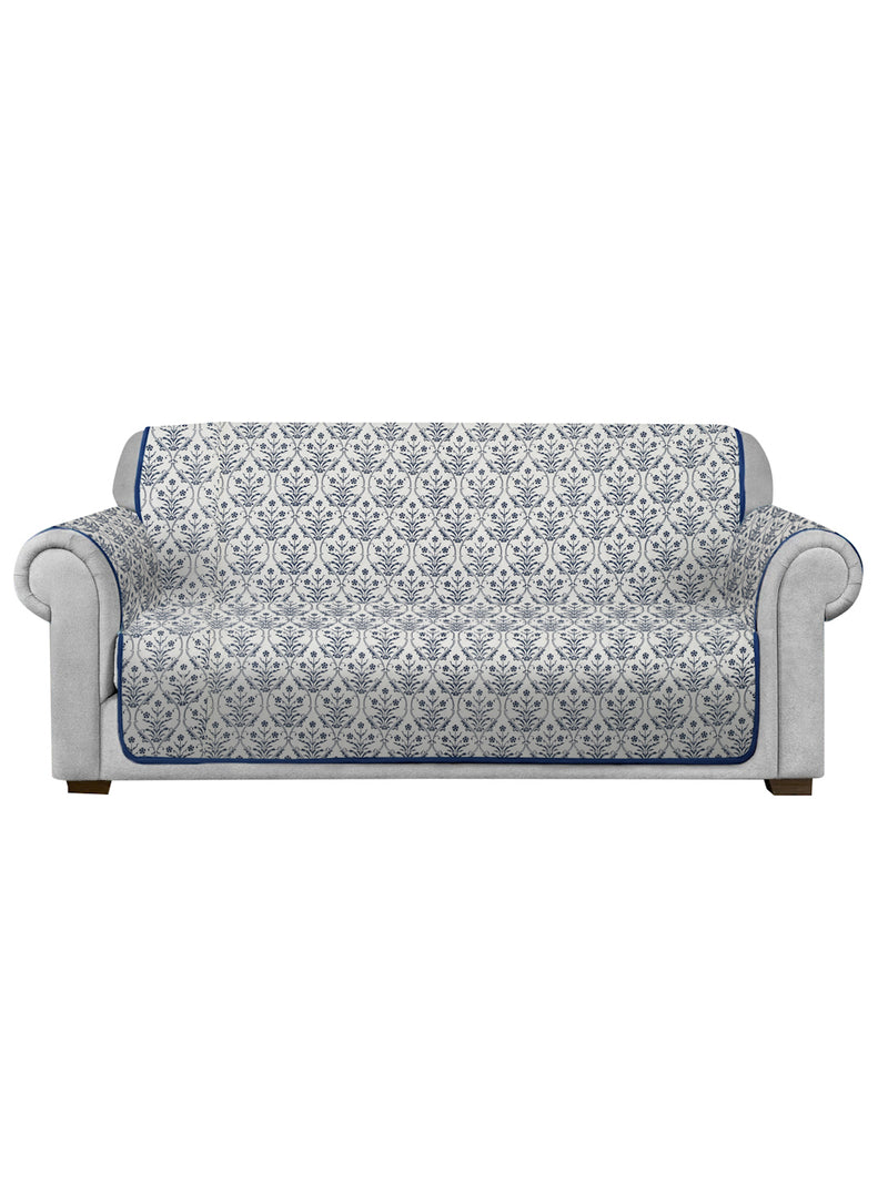 Rajasthan Decor  White and Blue Quilted Printed Cotton 2 Seater Sofa Cover