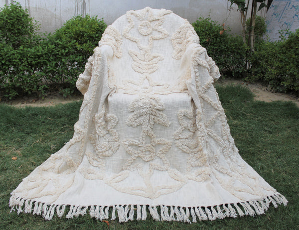 Ivory Floral Design Hand Tufted Cotton Throw Blanket