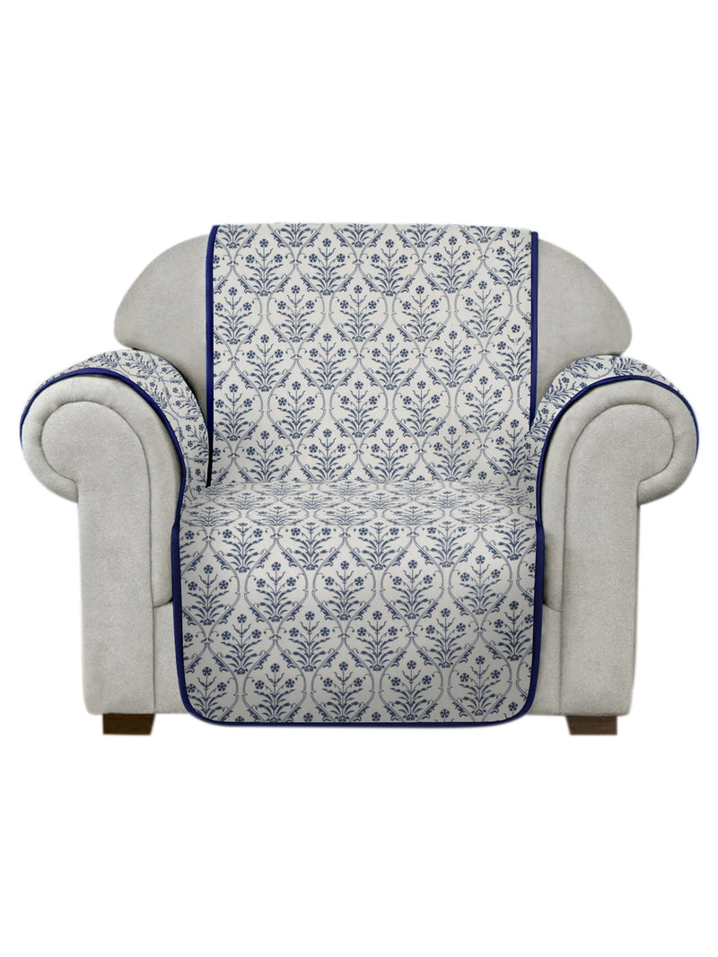 Rajasthan Decor White and Blue Quilted Printed Cotton 1 Seater Sofa Cover