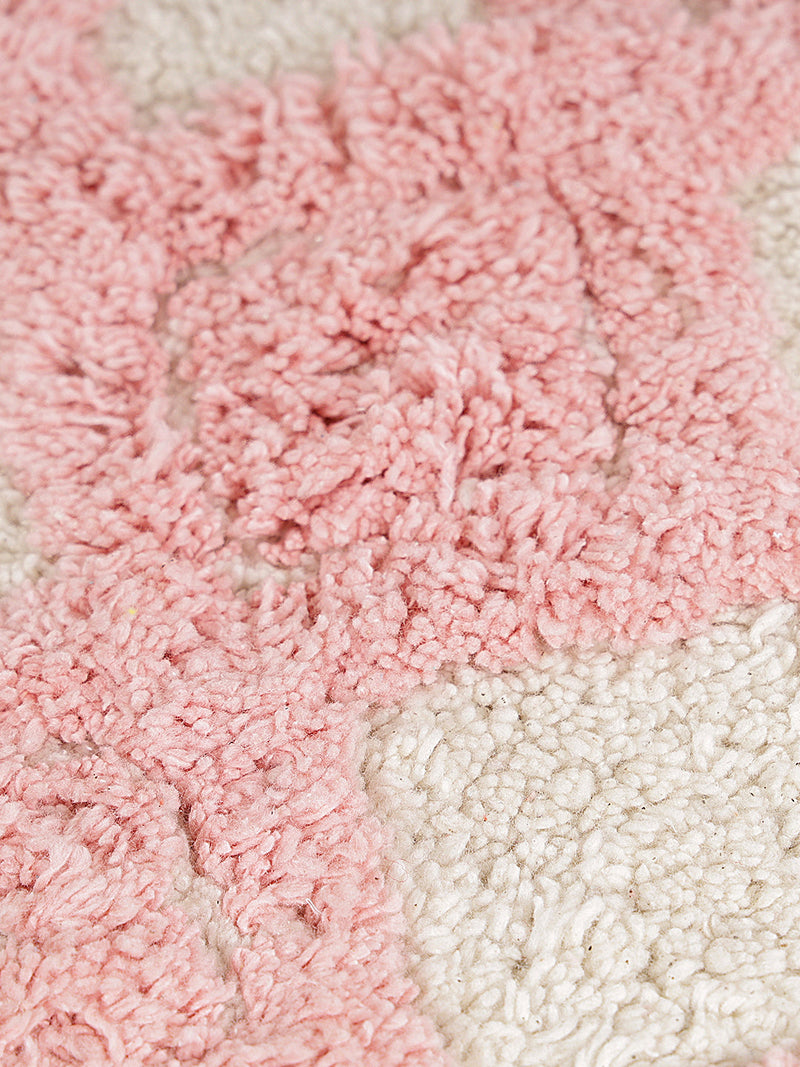 White and Pink Self Design Tassels Cotton Bath Rug