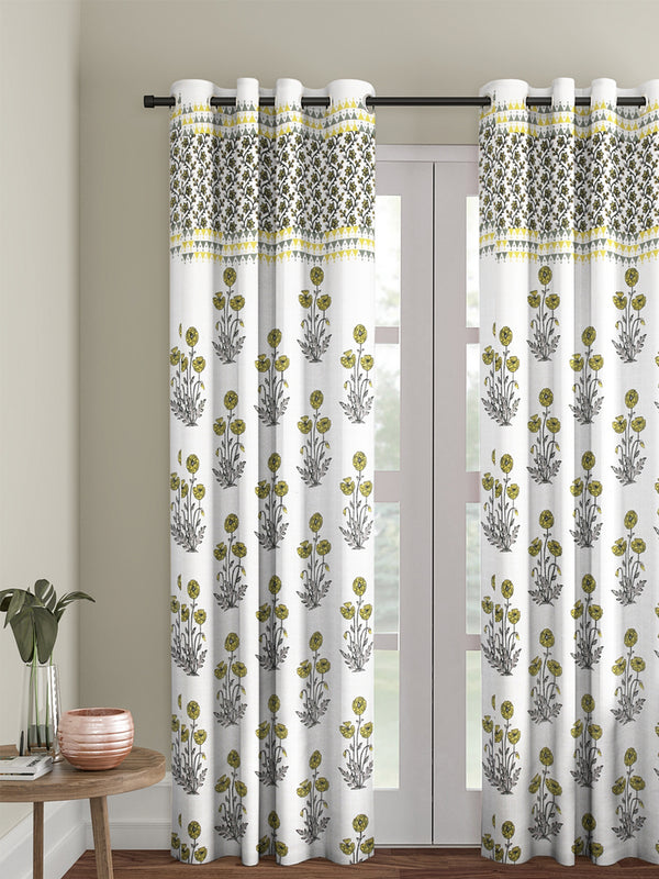 Rajsthan Decor Screen Print Cotton White and Yellow Floral Door Curtain Single Pc (51x85 Inch)