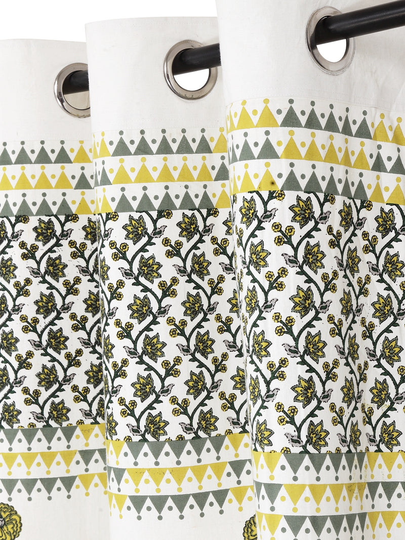 Rajsthan Decor Screen Print Cotton White and Yellow Floral Door Curtain Single Pc (51x85 Inch)