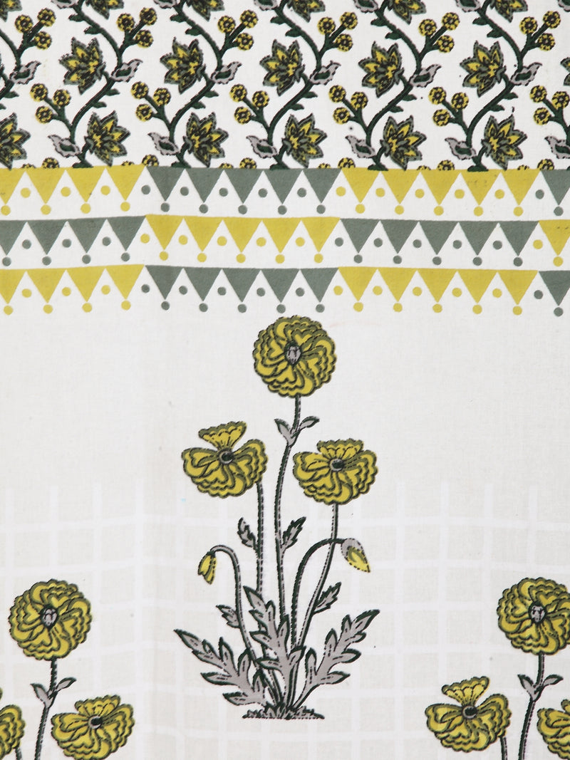 Rajsthan Decor Screen Print Cotton White and Yellow Floral Door Curtain Single Pc (51x85 Inch)