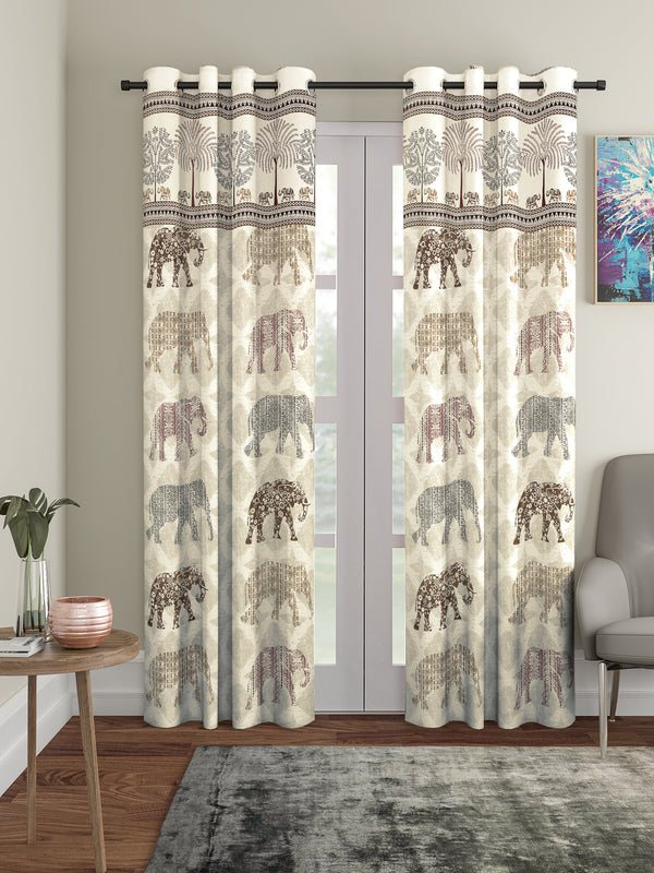 Rajsthan Decor Animal Print Beige Color Cotton Door Curtain Set of 2 (51x85 Inch)