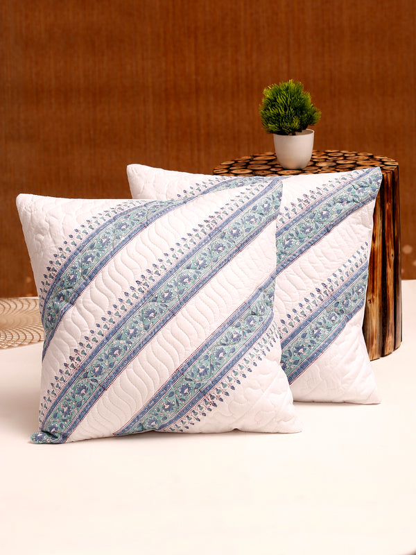 White and Green Hand Block Quilted Pure Cotton Floral Cushion Cover Set of 2 (16x16 Inch)