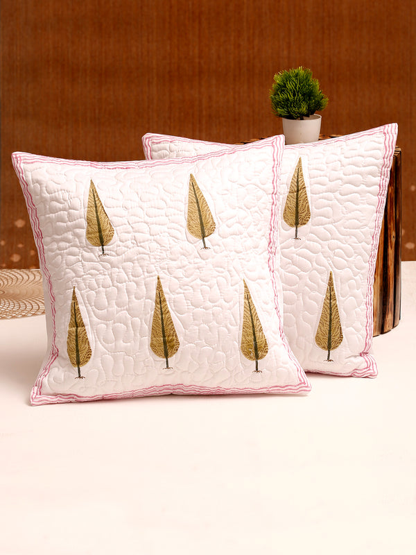White and Beige Hand Block Quilted Pure Cotton Floral Cushion Cover Set of 2 (16x16 Inch)