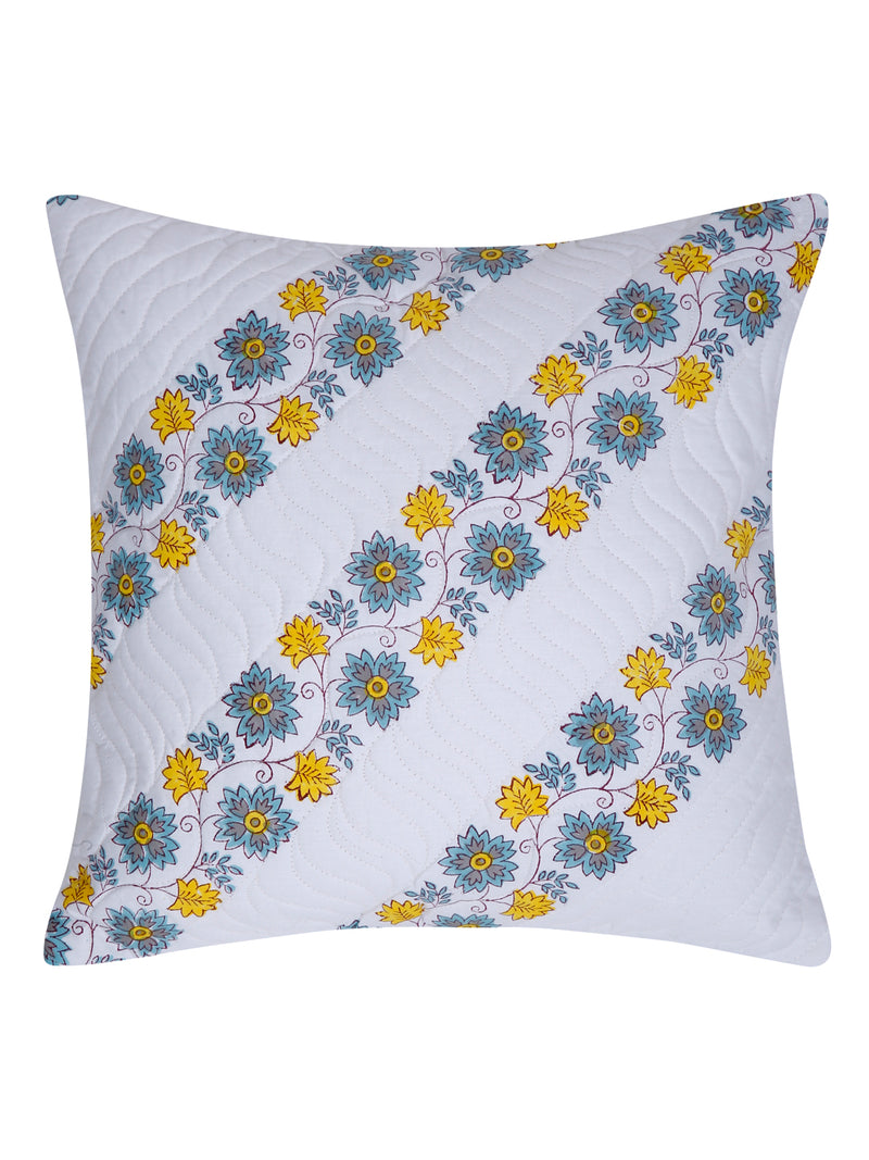 White Hand Block Quilted Pure Cotton Blue and Yellow Floral Cushion Cover Set of 2 (16x16 Inch)