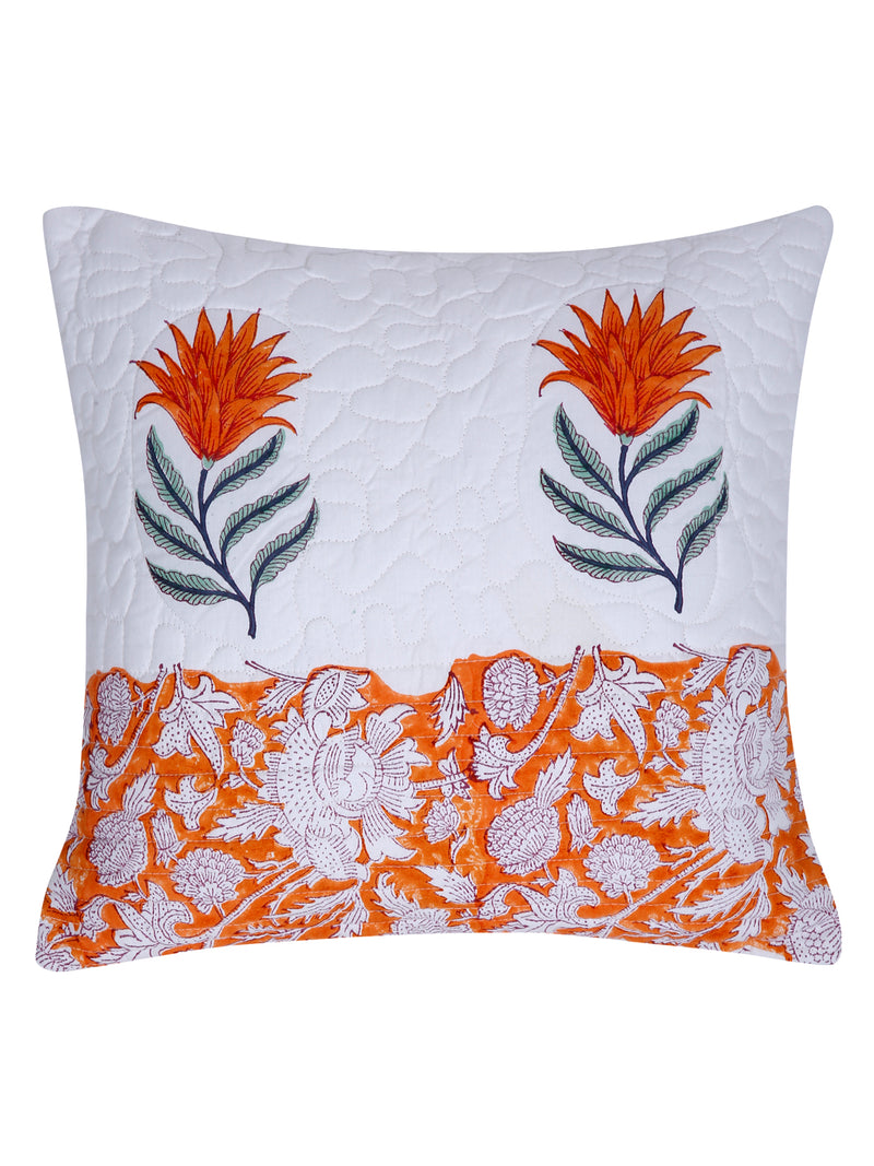 White and Orange Hand Block Quilted Pure Cotton Floral Cushion Cover Set of 2 (16x16 Inch)