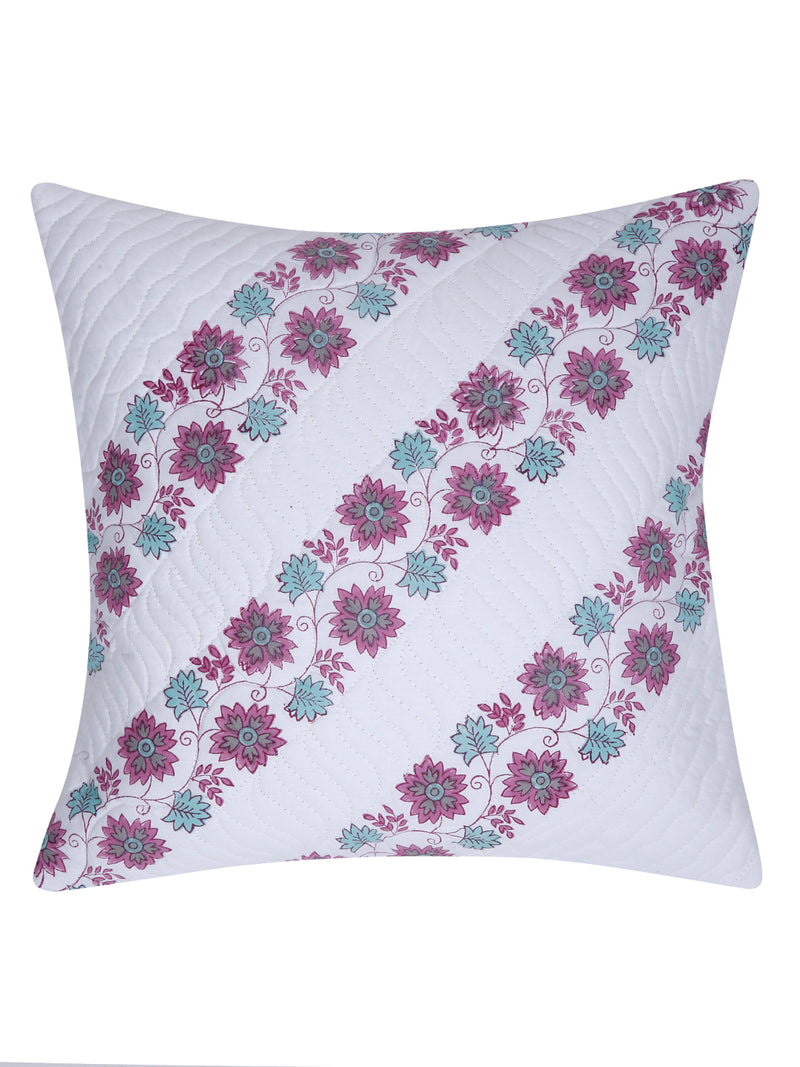 White and Pink Hand Block Quilted Pure Cotton Floral Cushion Cover Set of 2 (16x16 Inch)