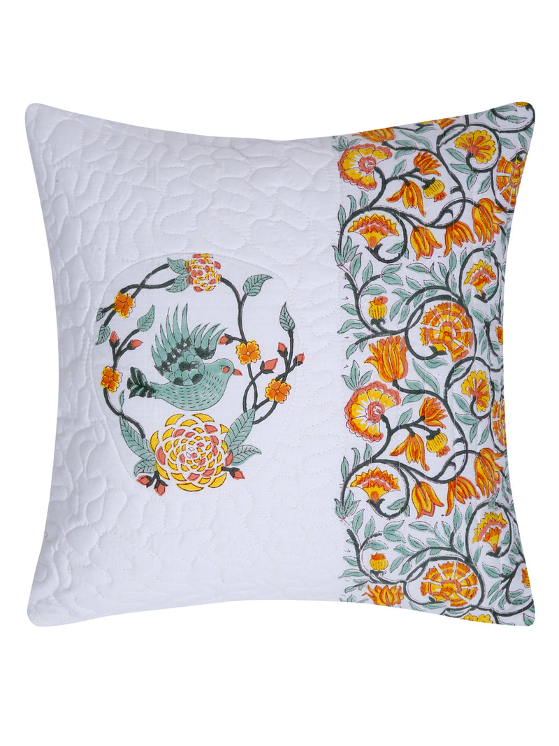 White Color Hand Block Quilted Pure Cotton Yellow Floral and Bird Printed Cushion Cover Set of 2 (16x16 Inch)