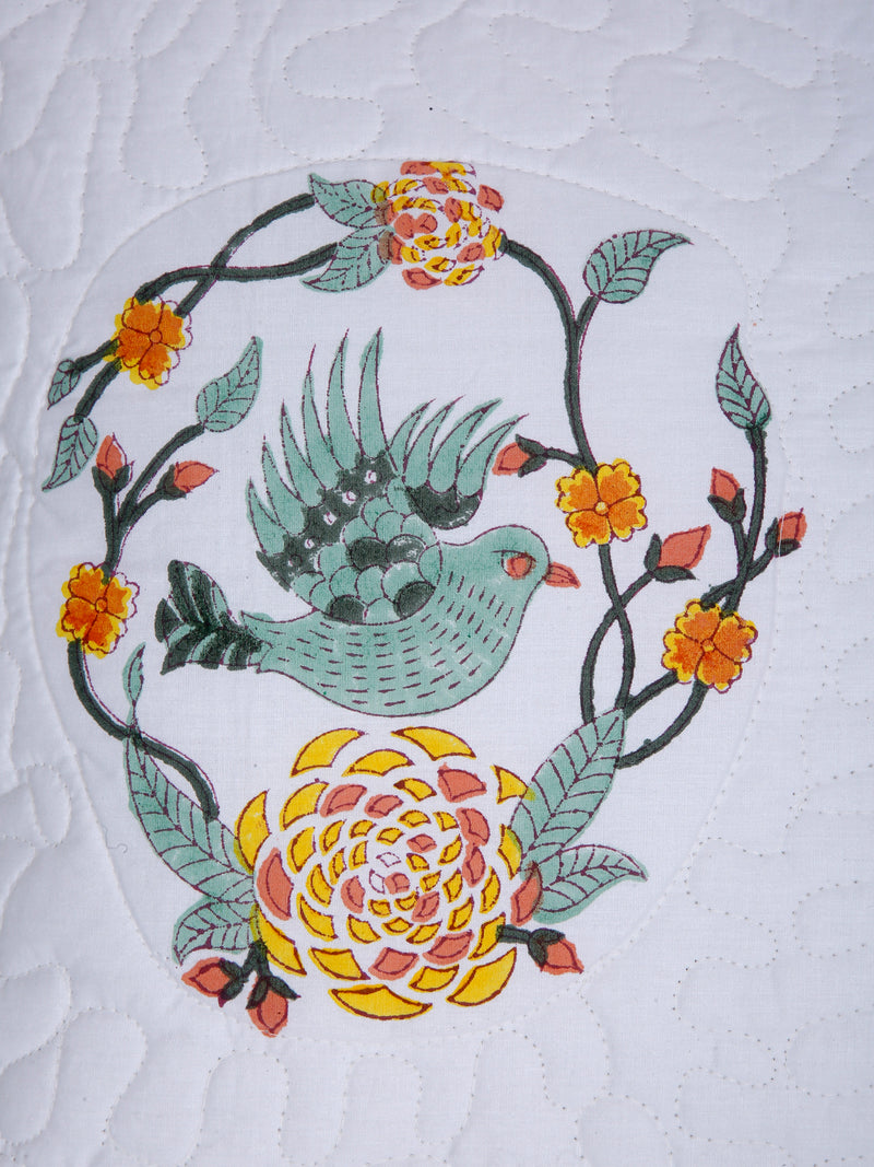 White Color Hand Block Quilted Pure Cotton Yellow Floral and Bird Prin