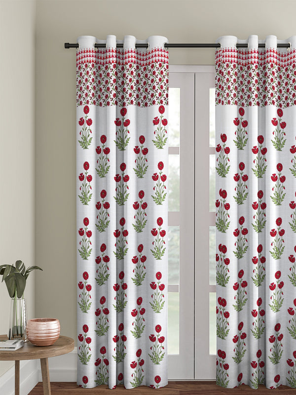 Screen Print Cotton White and Pink Floral Long Door Curtain Single Pc (51x108 inch)