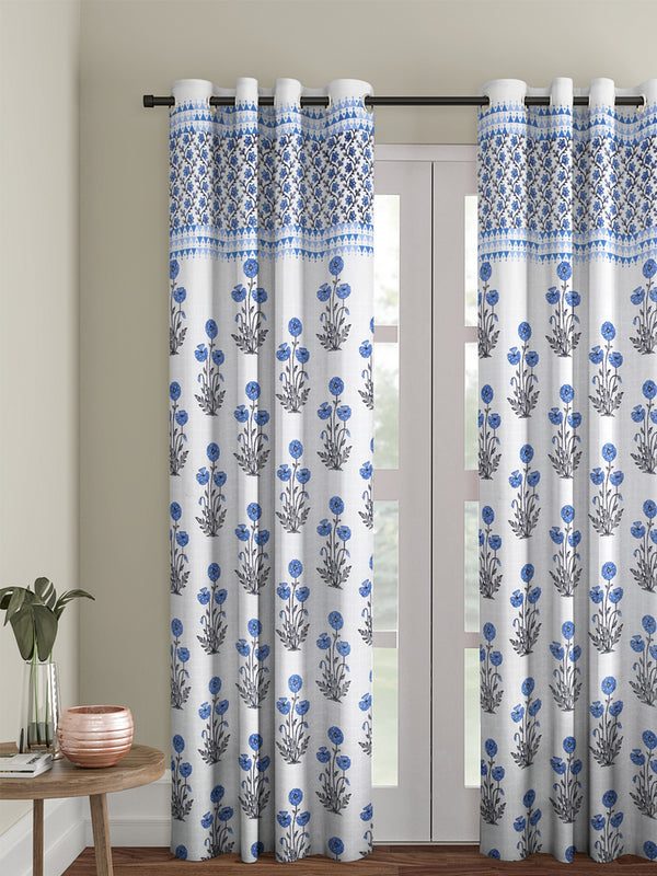 Rajasthan Decor Screen Print Cotton White and Blue Floral Long Door Curtain Single Pc (51x108 inch)