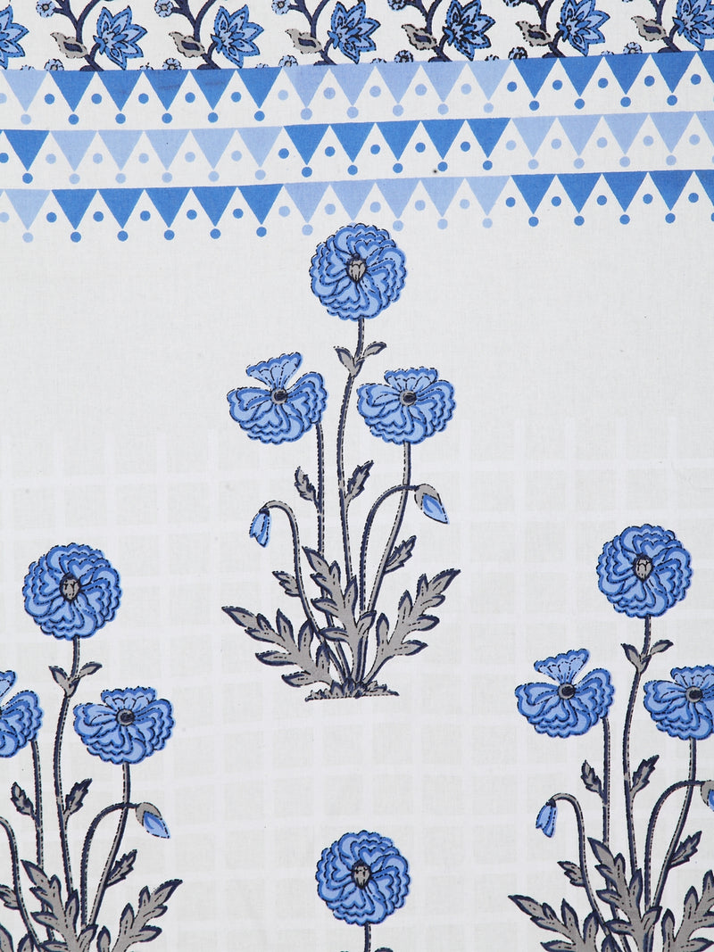 Rajasthan Decor Screen Print Cotton White and Blue Floral Long Door Curtain Single Pc (51x108 inch)