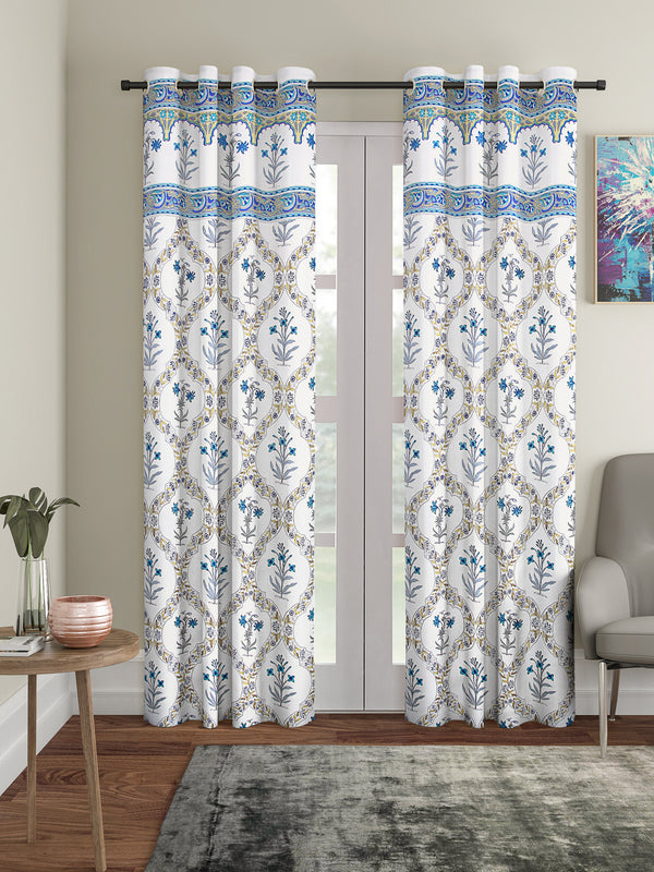 Screen Print Cotton White Floral Long Door Curtain Set of 2 (51x108 inch)