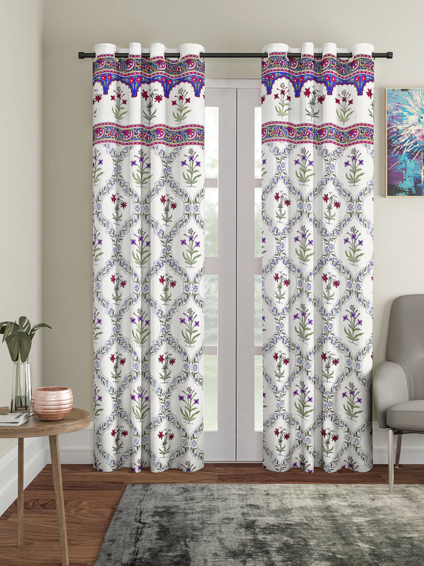 Rajsthan Decor Screen Print Cotton White Floral Long Door Curtain Set of 2 (51x108 inch)