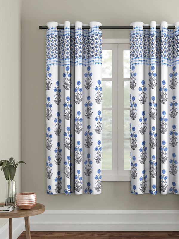 Rajsthan Decor Screen Print Cotton White and Blue Floral Window Curtain Single Pc (51x62 Inch)