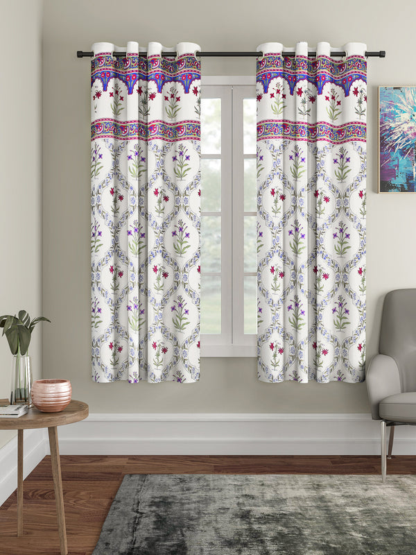 Rajsthan Decor Screen Print Cotton White Floral Window Curtain Set of 2 (51x62 Inch)