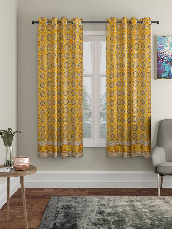 Rajsthan Decor Cotton Yellow Floral Set of 2 Window Curtain (51x62 Inch)